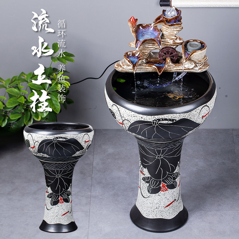 景德镇陶瓷落地立柱式鱼缸茶壶流水金鱼缸睡莲碗莲荷花盆锦鲤室外