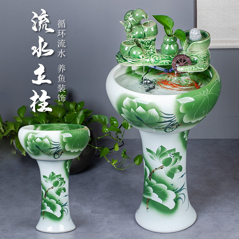 景德镇陶瓷落地立柱式鱼缸茶壶流水金鱼缸睡莲碗莲荷花盆锦鲤室外