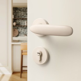 米白色门锁室内家用木门r分体门把手磁吸静音卧室房间奶油风房门