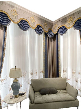 欧式窗帘2021年新款客厅奢华大气灰色J拐角美式别墅双拼拼色L型