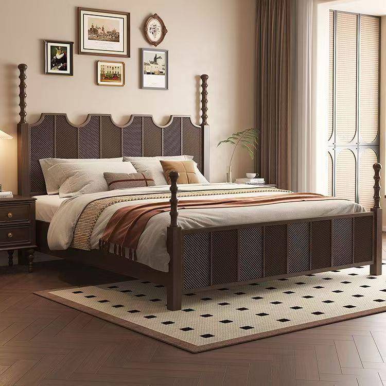 法式复古古风木床主卧雕花双人床罗马柱黑色现代美式简约婚床轻奢