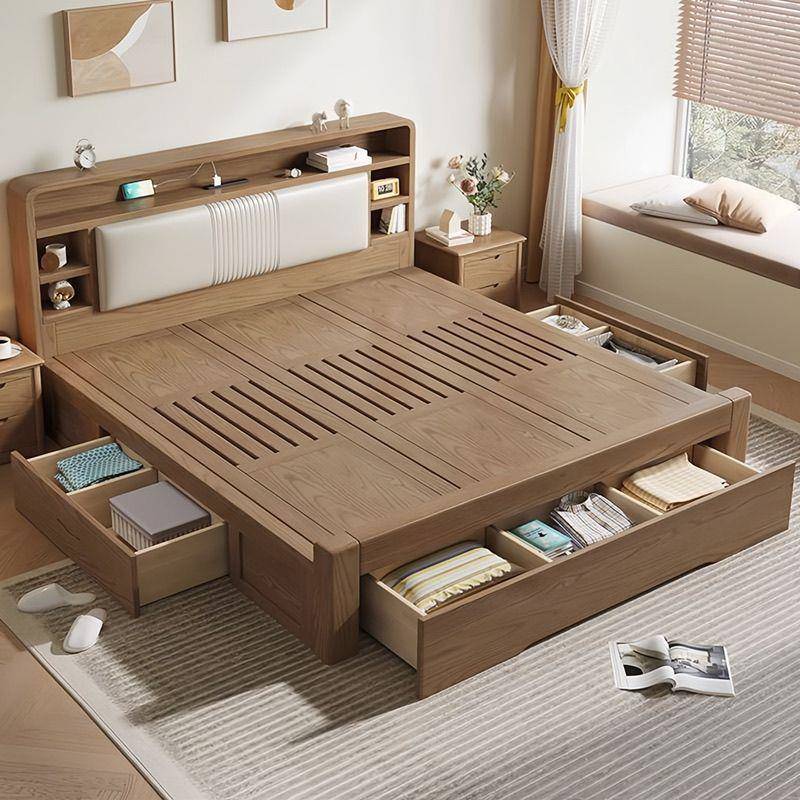 木床高箱双人床实木全实木储物现代简约气压主卧双人北欧风橡胶木