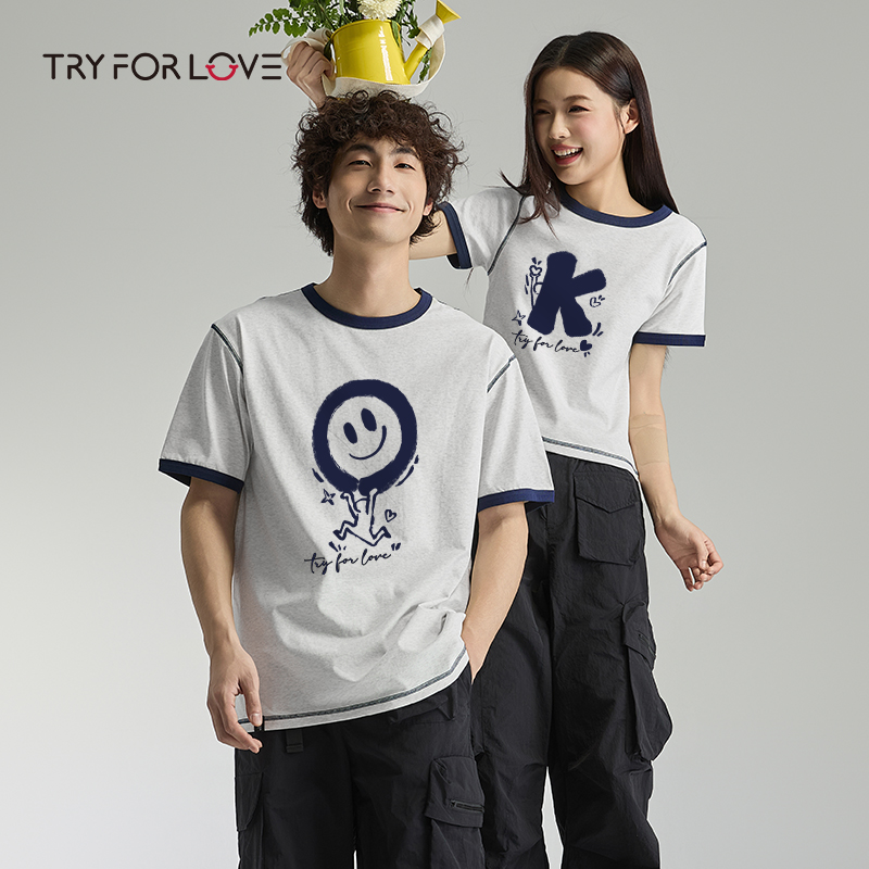 TRYFORLOVE特别的情侣装短袖t恤2025新款一长一短夏季宽松半袖女