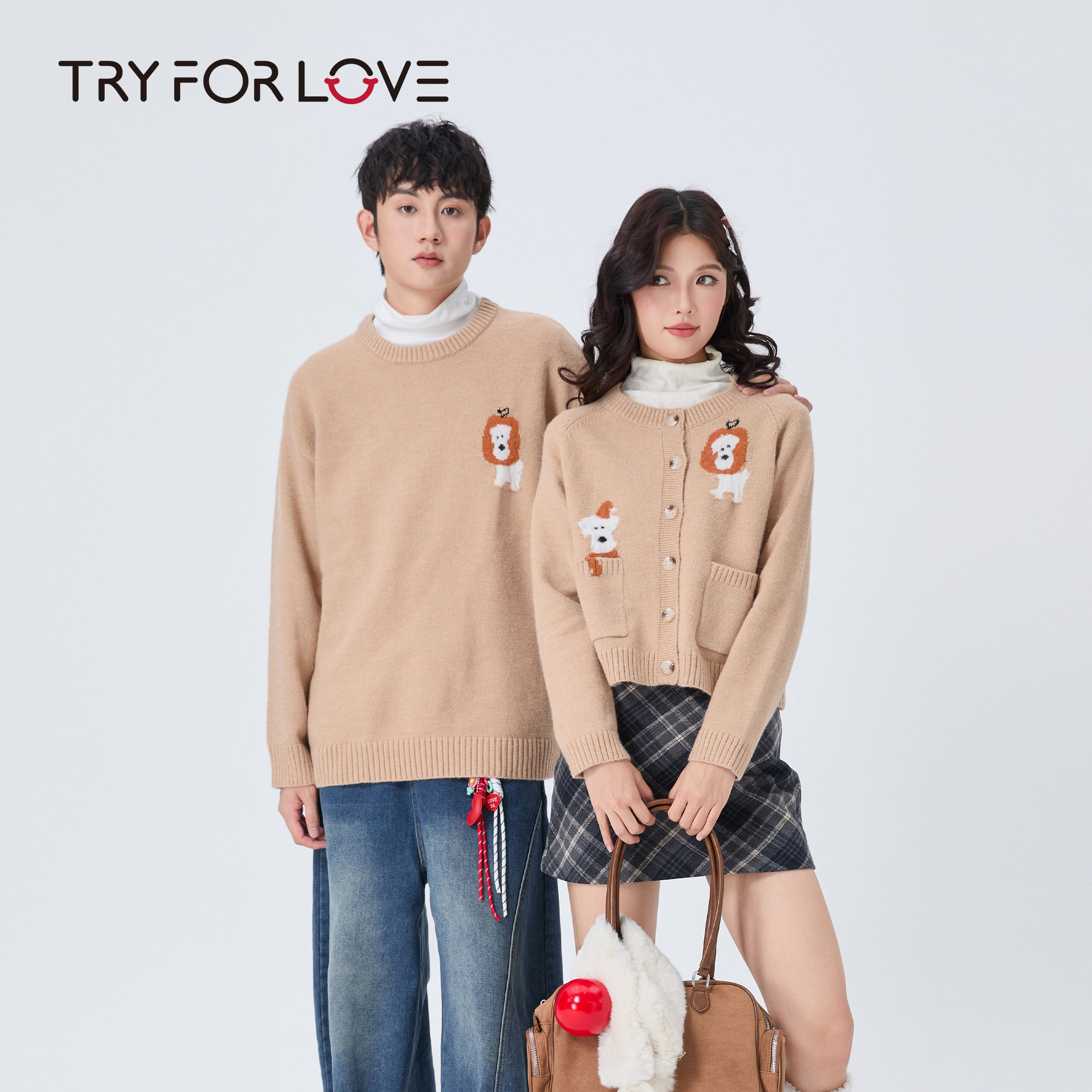 TRYFORLOVE橙子狗刺绣圆领开衫情侣装毛衣2025新款秋冬季针织衫女