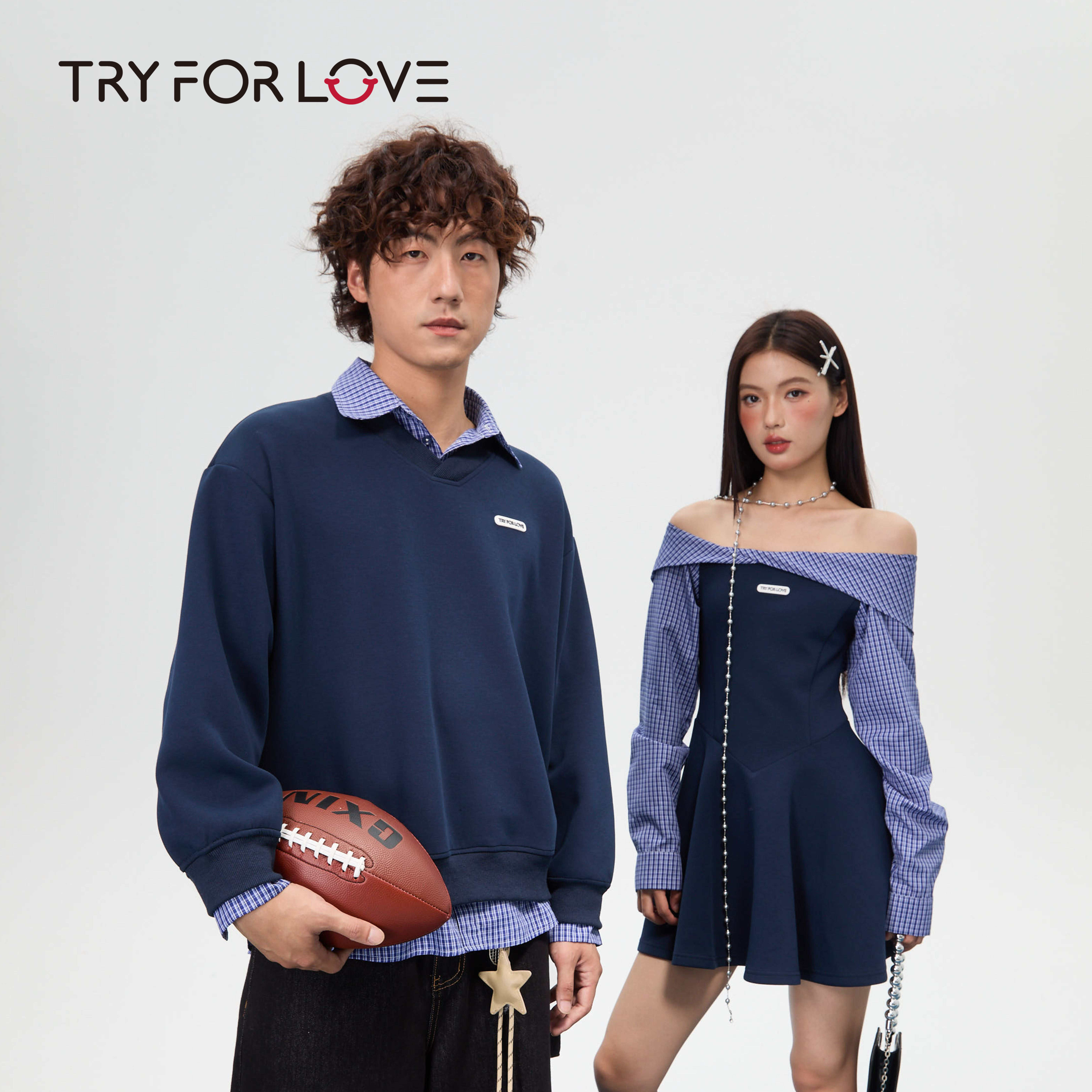 TRYFORLOVE一字肩假两件格子情侣装一衣一裙春秋款2025新款连衣裙