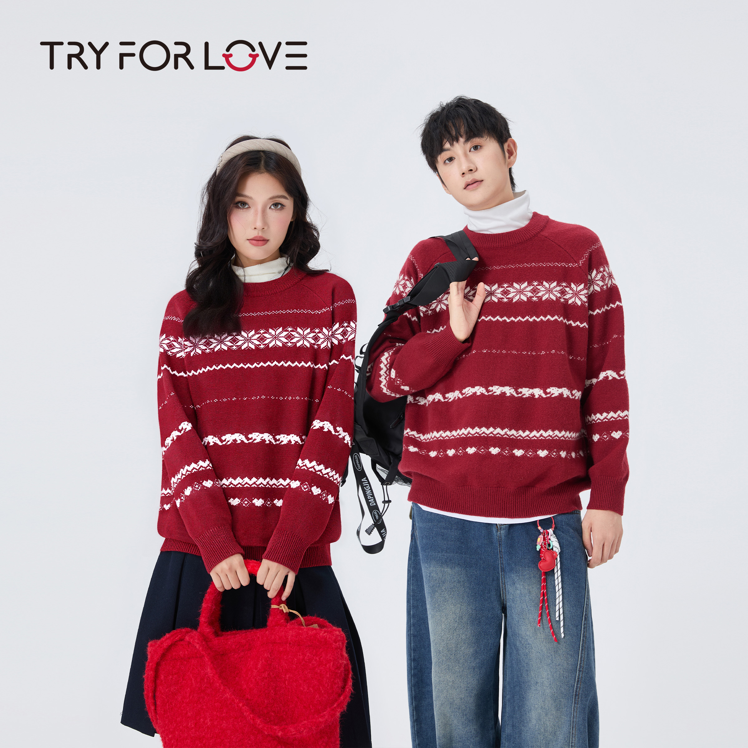 TRYFORLOVE费尔岛红色新年情侣装毛衣2025新款冬季本命年针织衫女