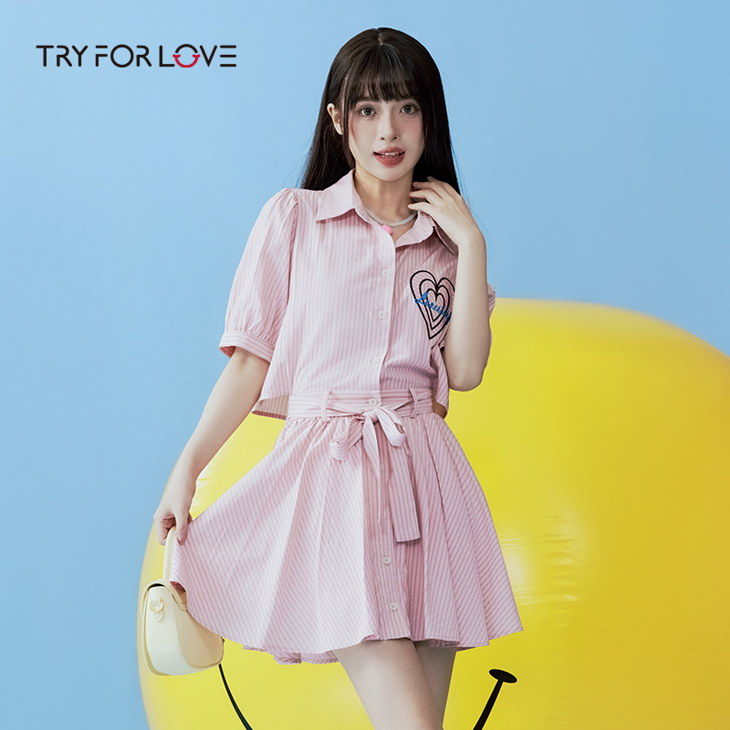 tryforlove粉色少女系茶歇法式桃心格子连衣裙女夏季2025新款套装