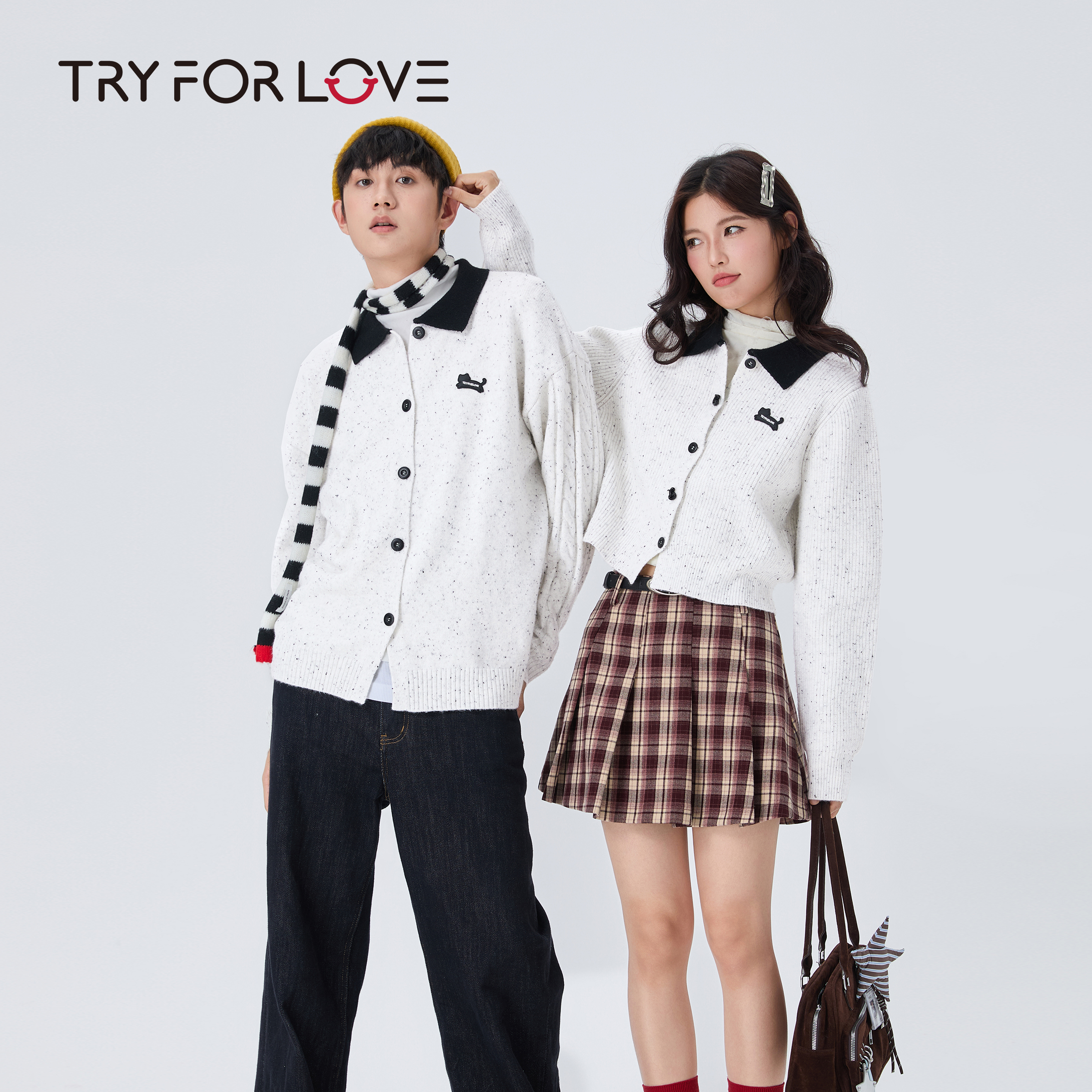 TRYFORLOVE翻领情侣装开衫毛衣女2025秋冬新款一长一短针织外套男