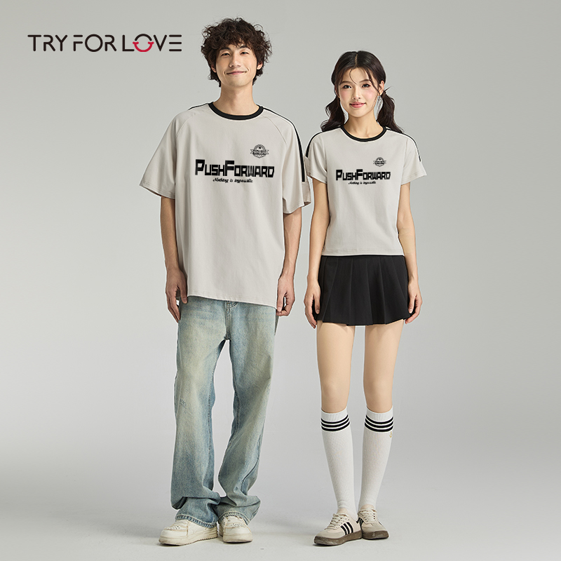 TRYFORLOVE美式街头字母风情侣装短袖t恤女2025新款一长一短夏装