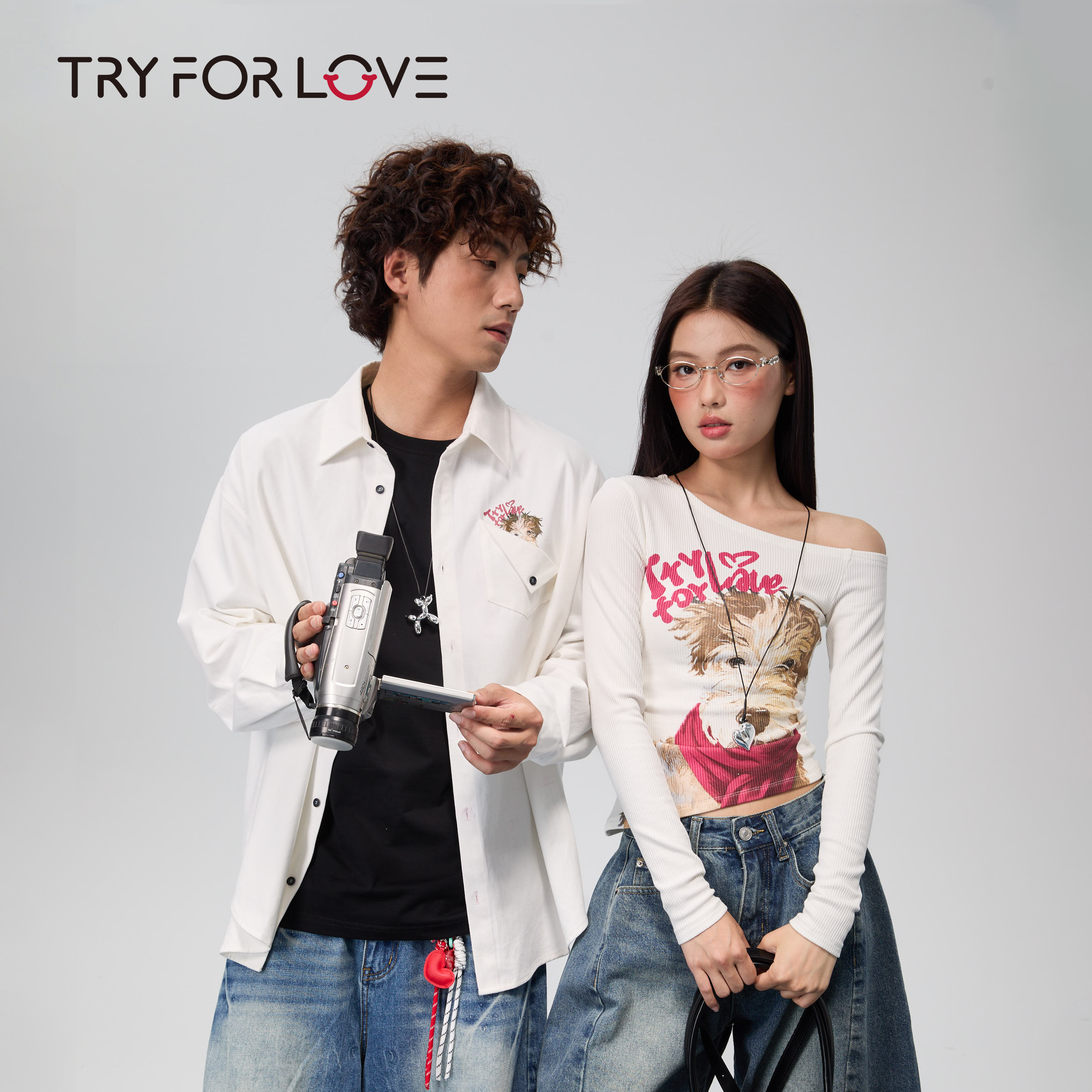 TRYFORLOVE油画狗斜肩情侣装长袖t恤2025新款春秋款露肩上衣女