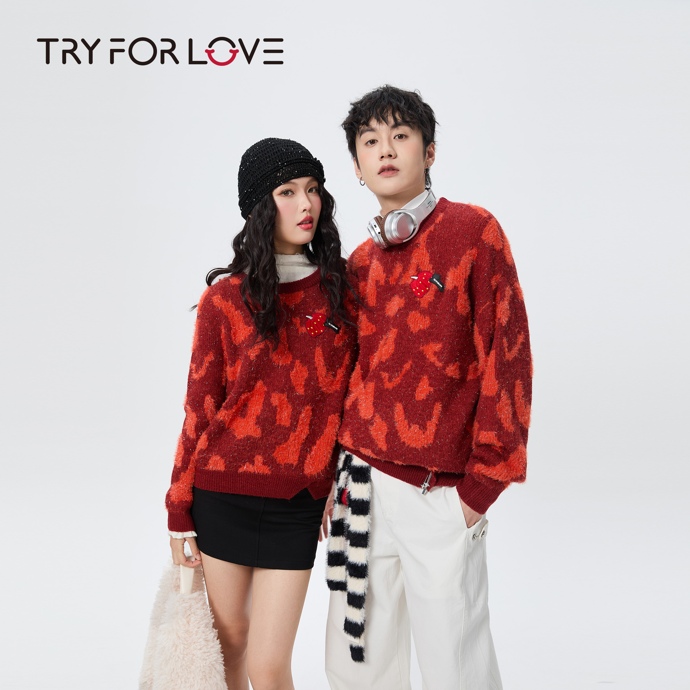 TRYFORLOVE冬季新年红色情侣装毛衣喜庆过年氛围感针织衫本命年女