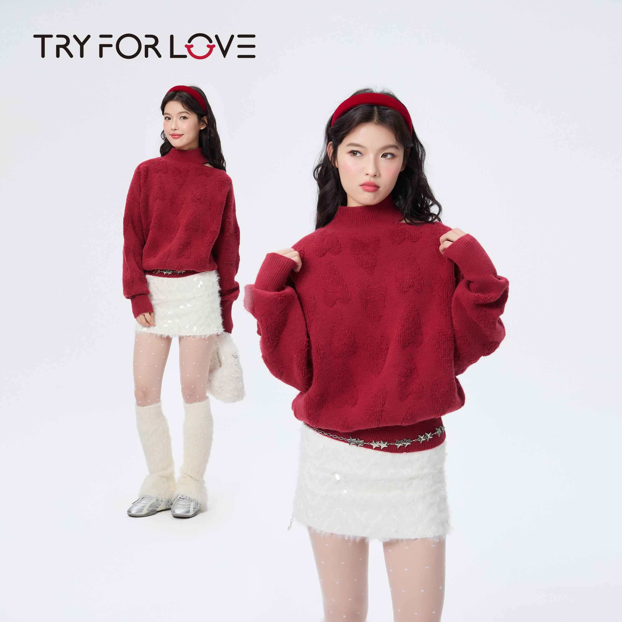 TRYFORLOVE爱心针织刺绣红色毛衣冬季喜庆氛围感本命年马年上衣女