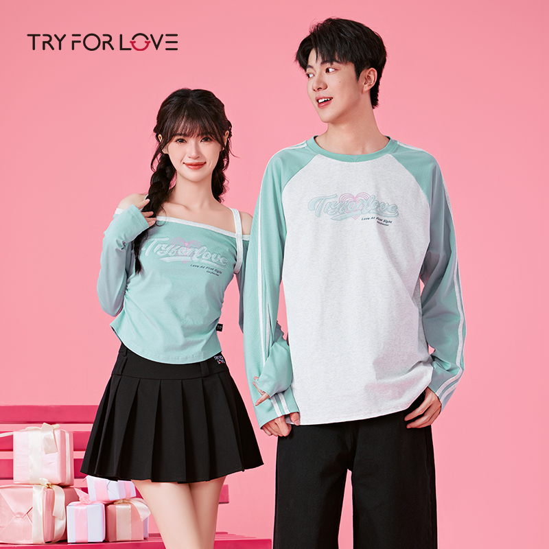 tryforlove【两件装】情侣露肩卫衣氧气茶茶2025春秋季一长一短