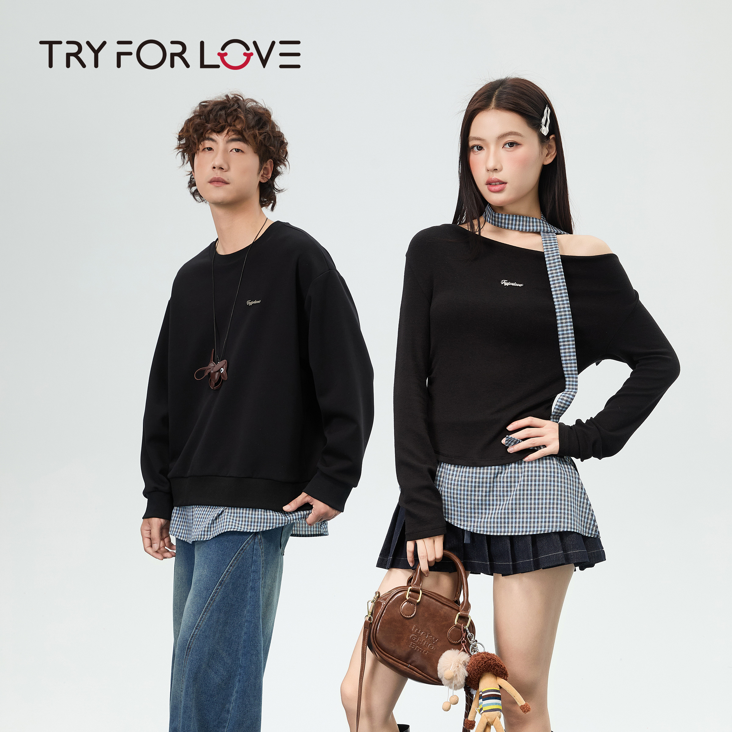 TRYFORLOVE假两件格子斜肩情侣装露肩卫衣春秋款2025新款百搭上衣