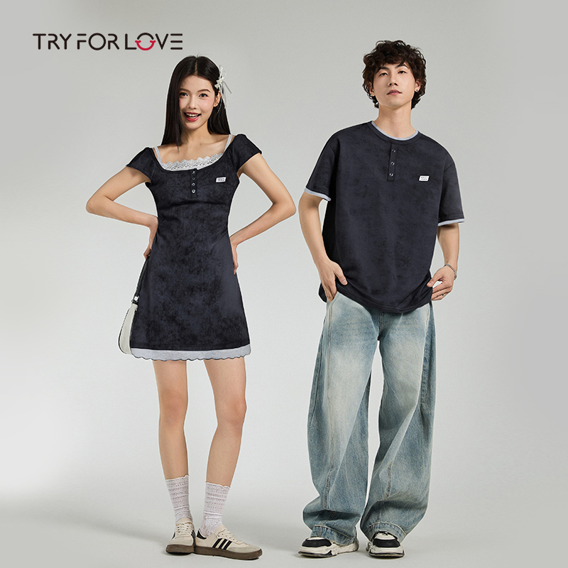 TRYFORLOVE扎染U领一衣一裙情侣装2025新款短袖t恤夏季半袖连衣裙