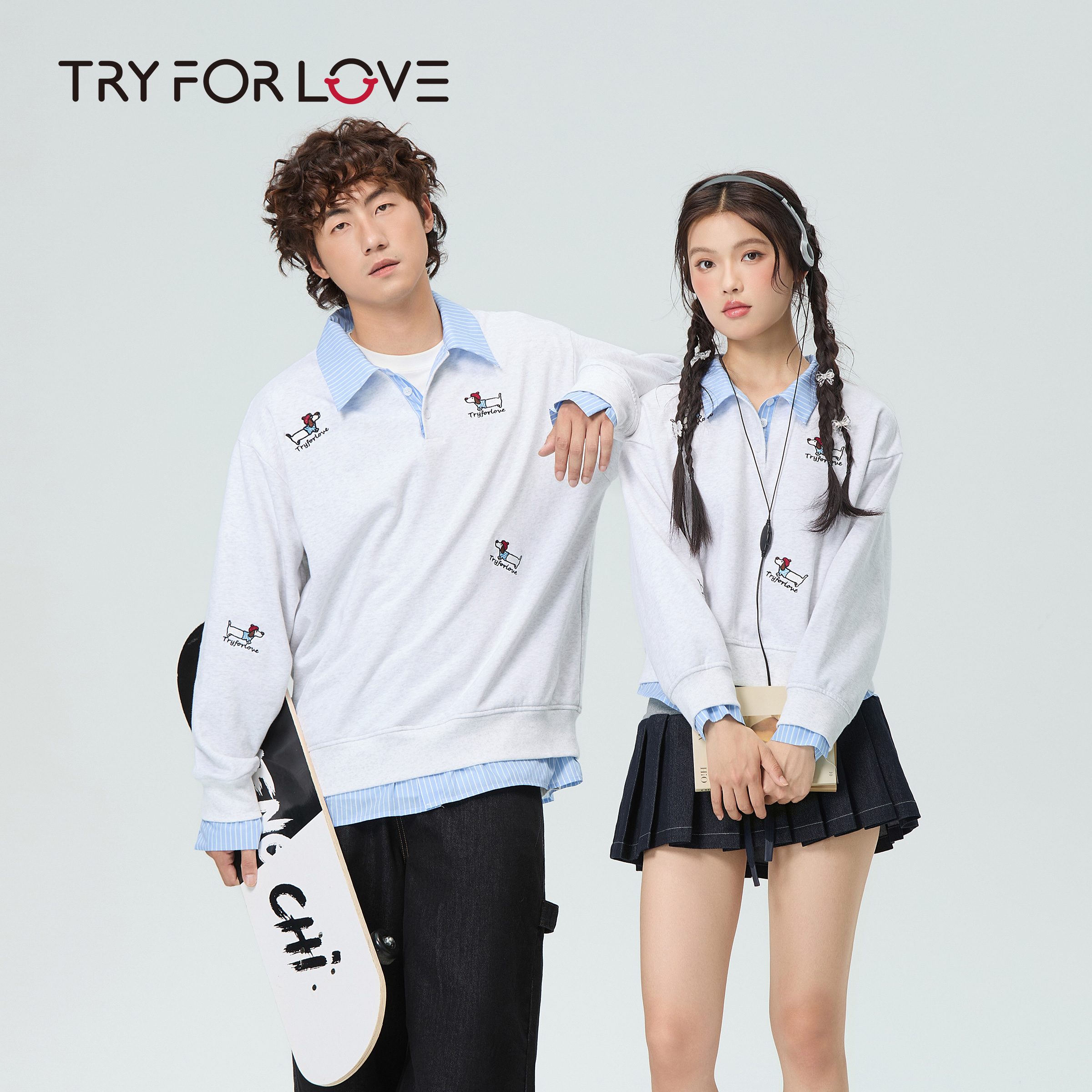 TRYFORLOVE假两件美式腊肠狗刺绣翻领情侣装卫衣春秋季套头上衣女