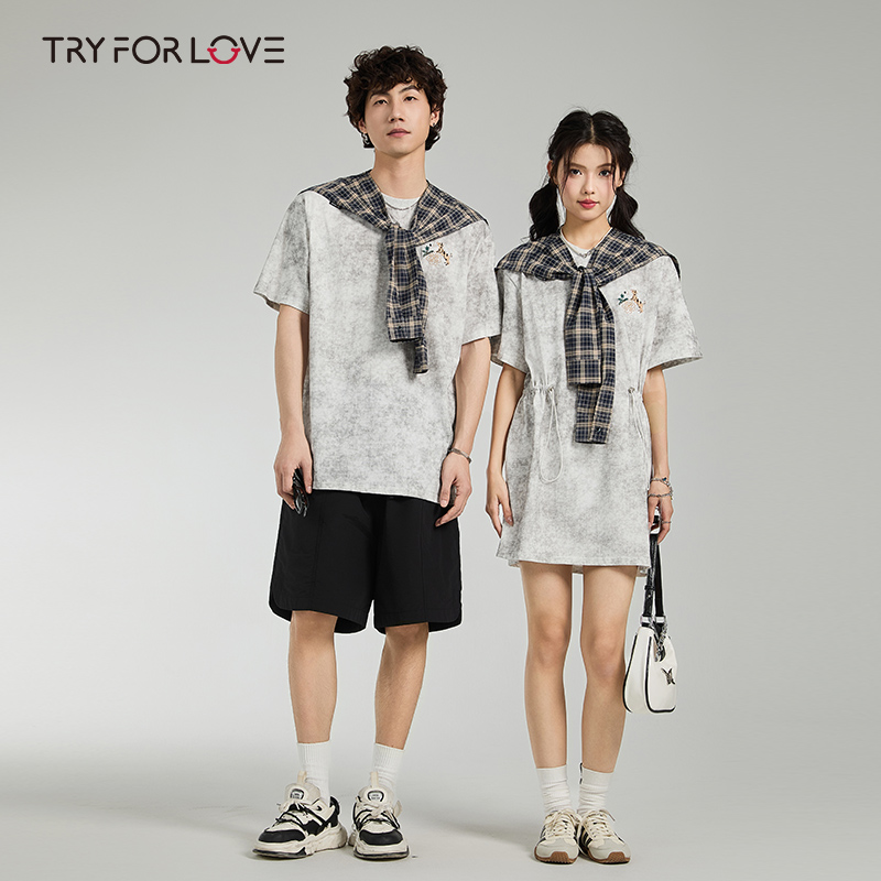 Tryforlove情侣装小众设计短袖T恤连衣裙女2025新款百搭一裙一衣