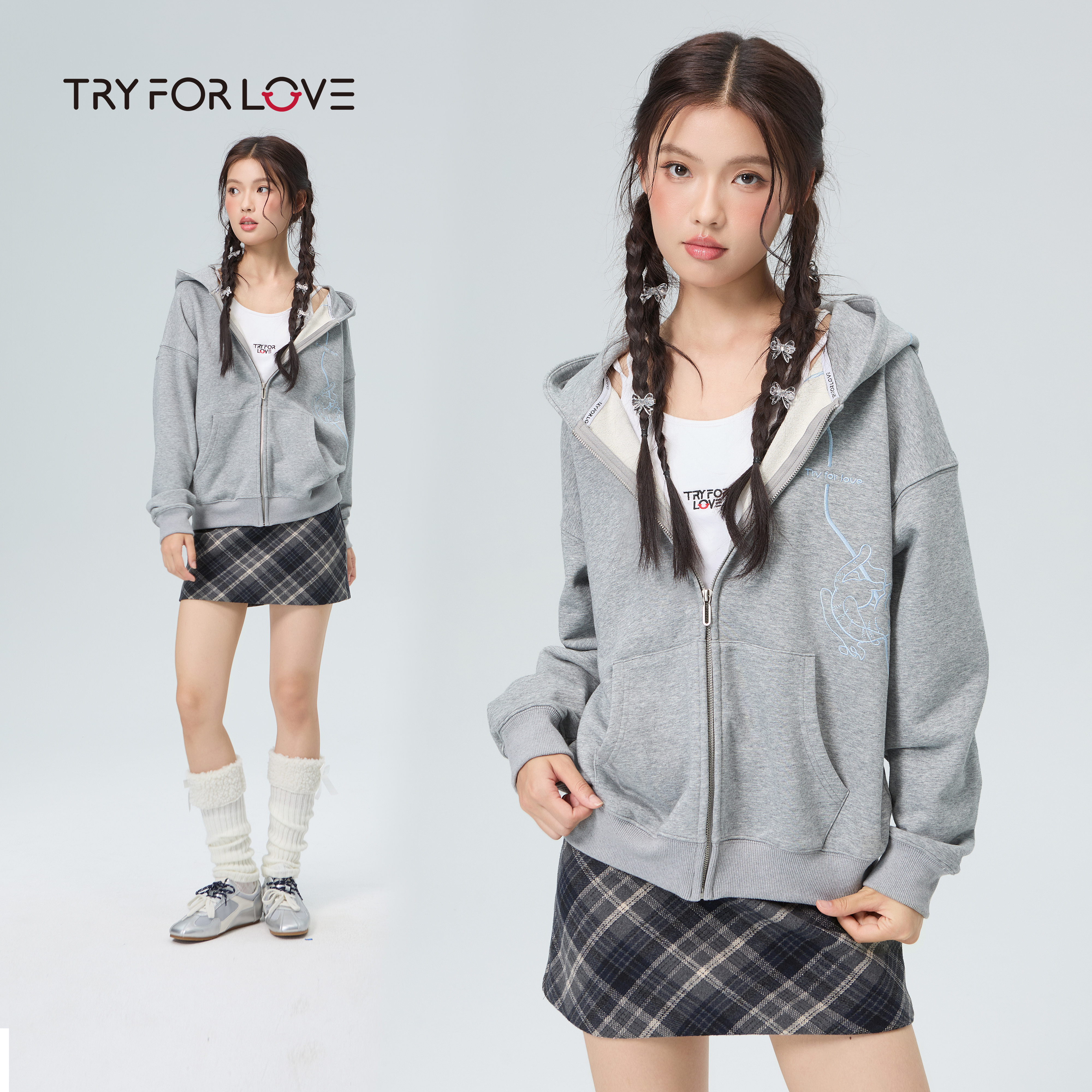 TRYFORLOVE绣花连帽开衫秋冬季卫衣宽松保暖休闲外套2025新款上衣