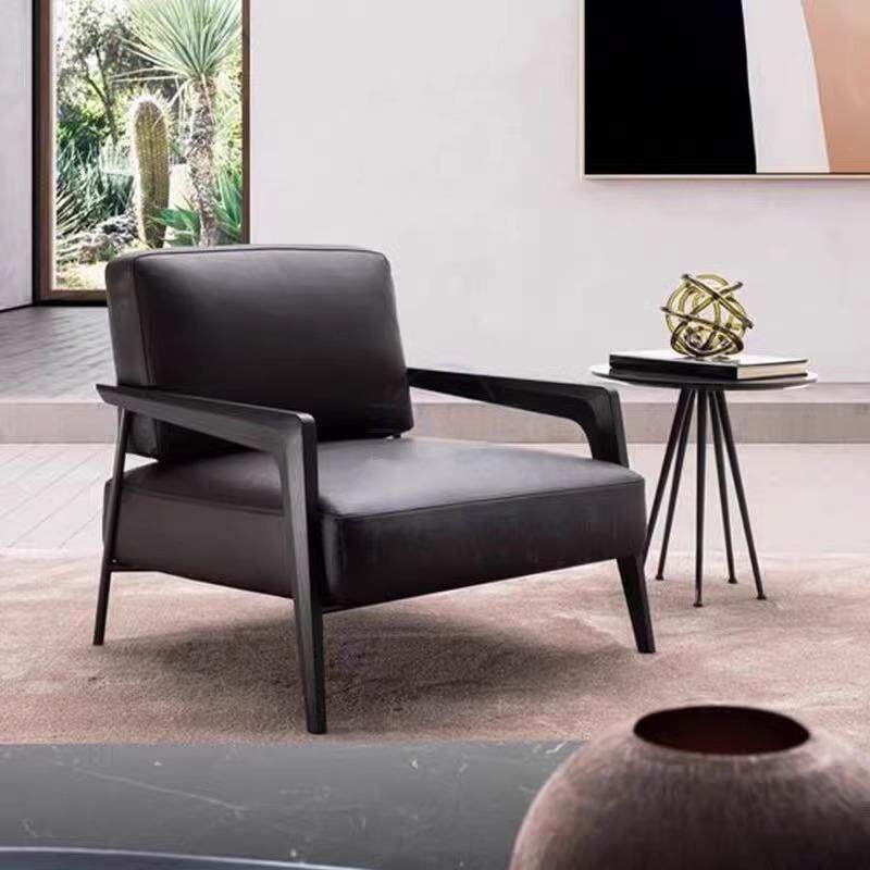 中式轻奢实木简约皮艺单人沙发椅设计师新款售楼处阳台洽谈休闲椅