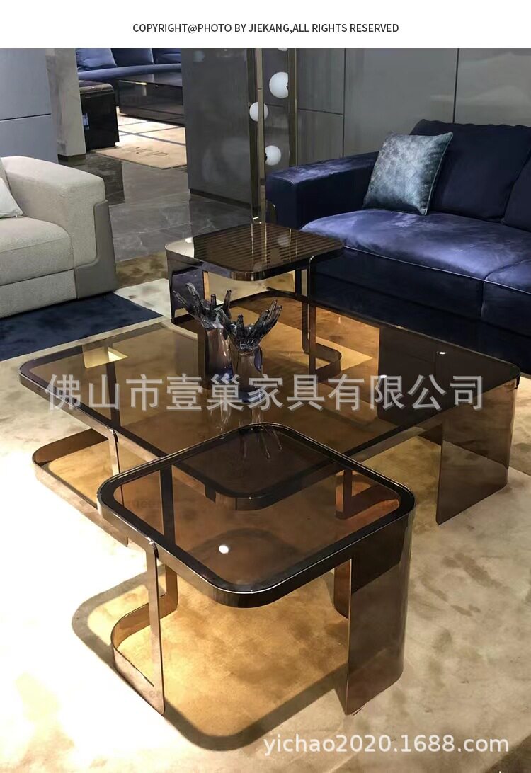 港式轻奢极简方形钢化玻璃茶几现代别墅创意设计师款大小组合客厅