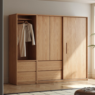 全实木橡木推拉门衣柜家用卧室原木风现代简约衣橱趟门主卧室新品