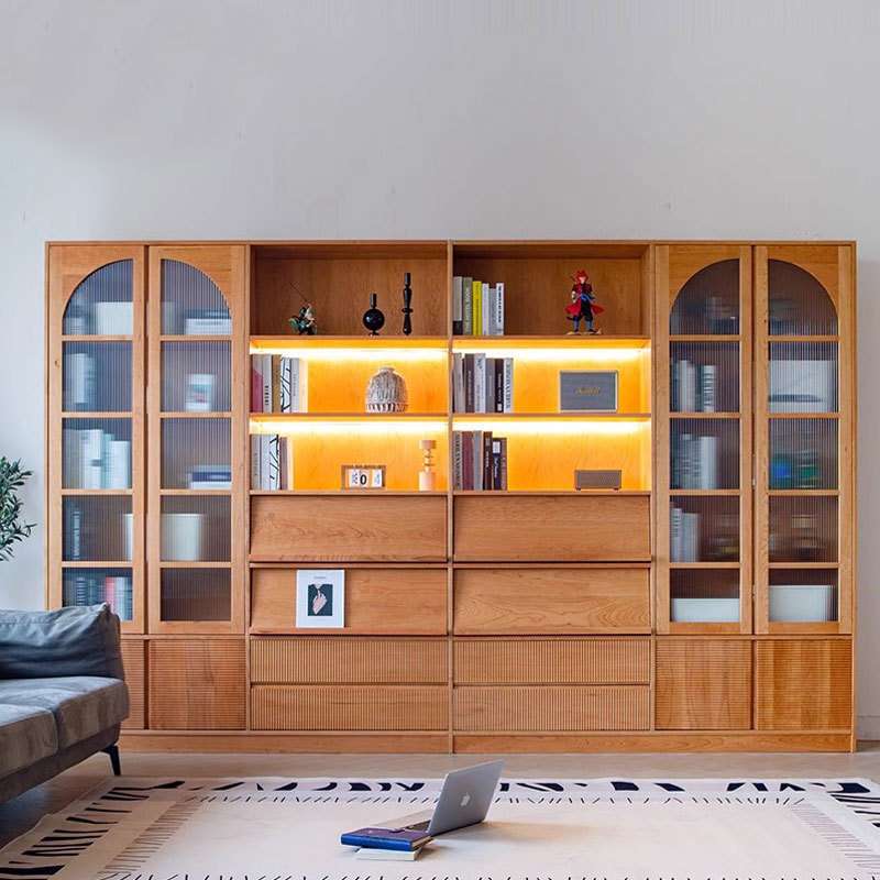 北美樱桃木落地书架组合现代简约黑胡桃木实木书柜客厅满墙展示柜