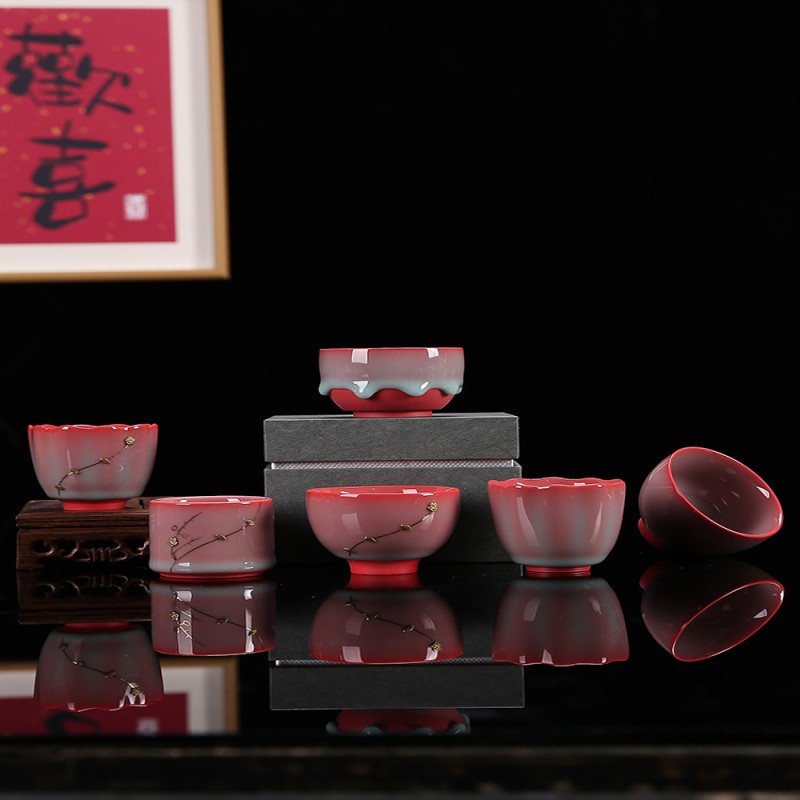 青瓷猪油冻锔钉主人杯五福杯粉红莲花杯开片可养复古中式茶杯单盏