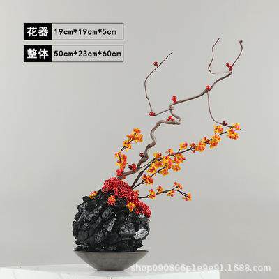 新中式仿真花艺创意盆景龙柳枝造景木炭玄关禅意会所酒店轻奢摆件