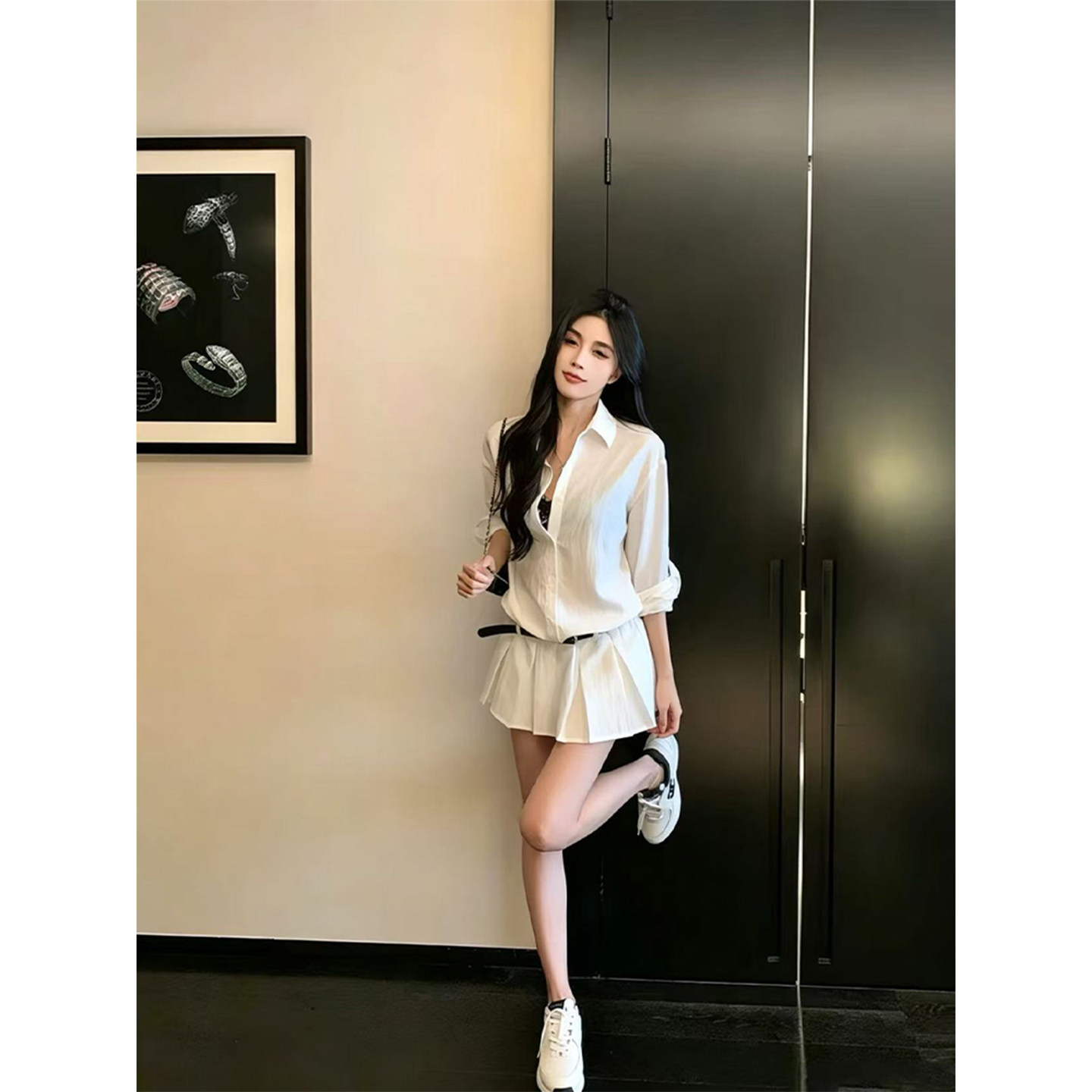 茉丽依莱赛尔亚麻混纺长袖短款衬衫腰带连衣裙a字打底短裤套装