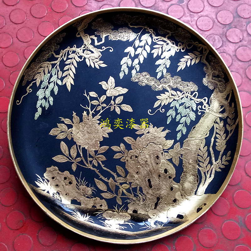 黑漆描金藤萝纹漆器圆盘木质贴金箔漆画多彩漆盘文创馆漆工艺展品