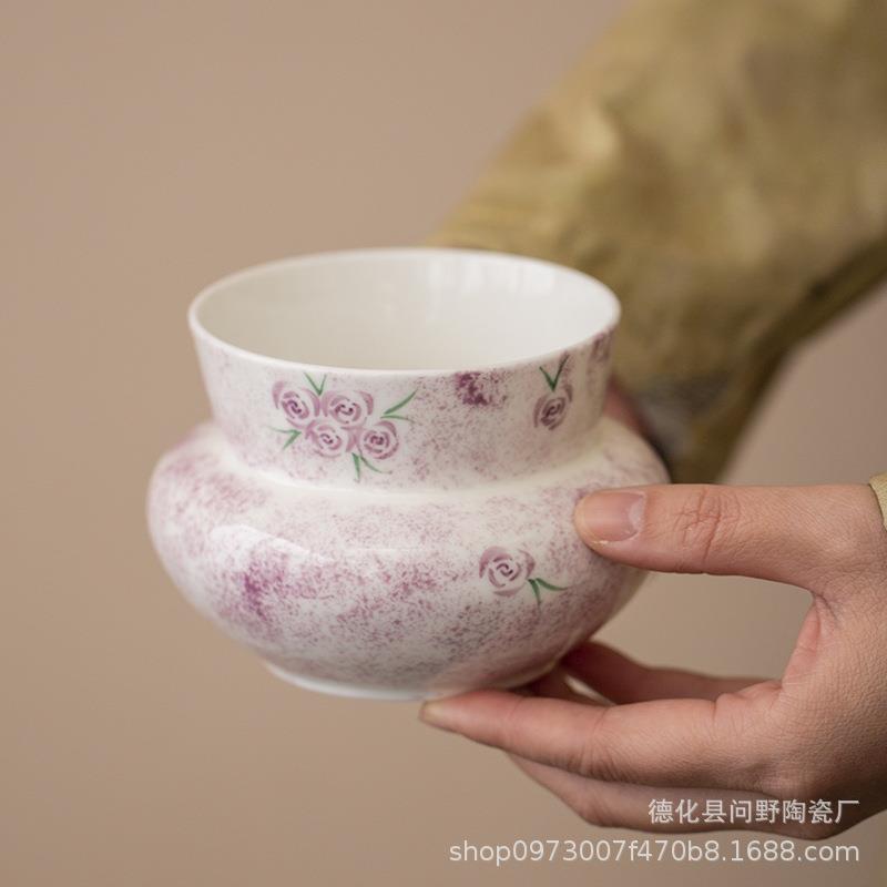 嫩粉手绘玫瑰花建水陶瓷家用精致桌面茶盂水盂创意茶渣缸茶道配件