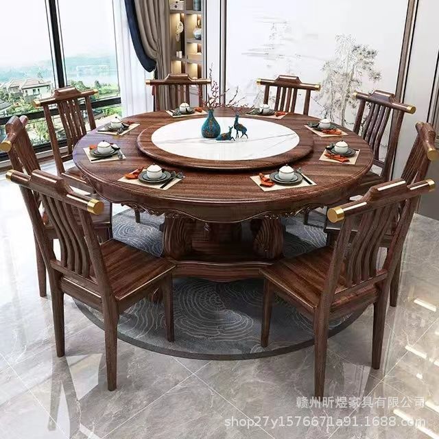 中式实木岩板餐桌桌椅组合带转盘橡胶木饭店酒店家用大小户型餐桌