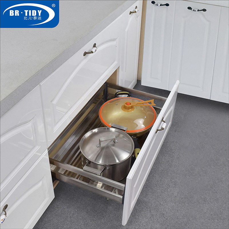 厂家直销抽屉式现代三边不锈钢拉篮 厨房橱柜拉篮置物架平篮单层