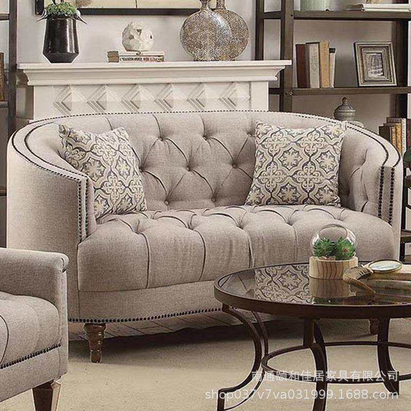 美式小户型客厅麻布拉扣高端沙发欧式现代布艺单双三人弧形沙发