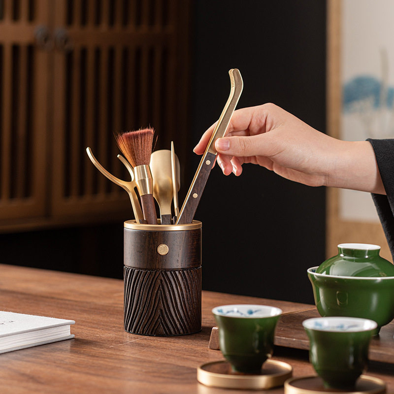 高档实木六君子套装茶具配件工具茶杯垫黑檀木茶道6君子茶筒茶刀
