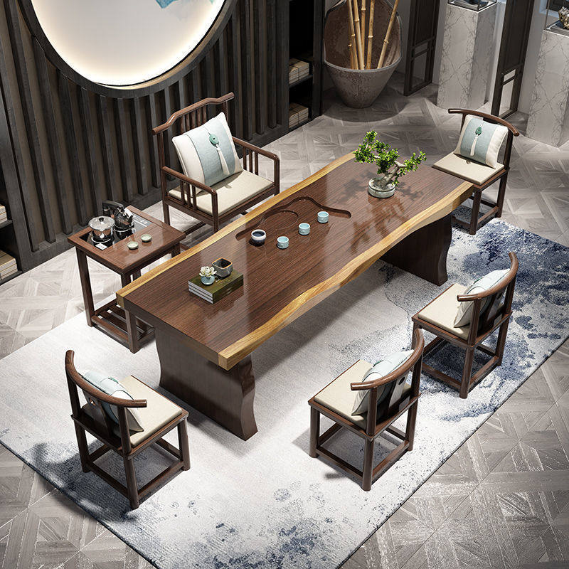 新中式实木茶桌椅组合办公室带茶盘原木功夫泡茶桌家用小户型茶台