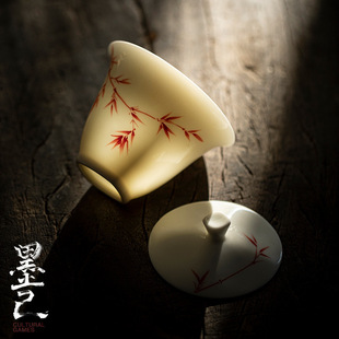 墨己 玉泥手绘盖碗 猪油白仿古红竹二才茶碗 陶瓷家用泡茶碗