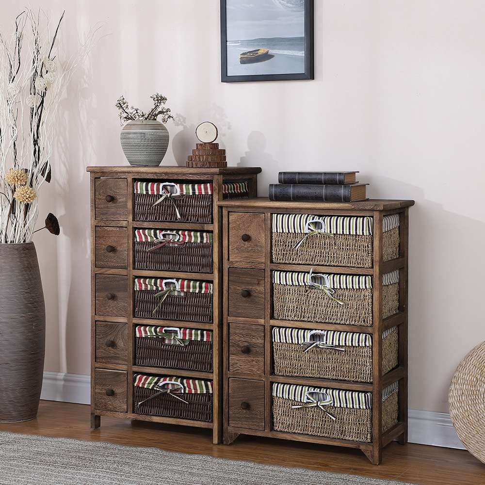 客厅藤编收纳柜子实木复古美式床边柜抽屉储物柜卧室田园小餐