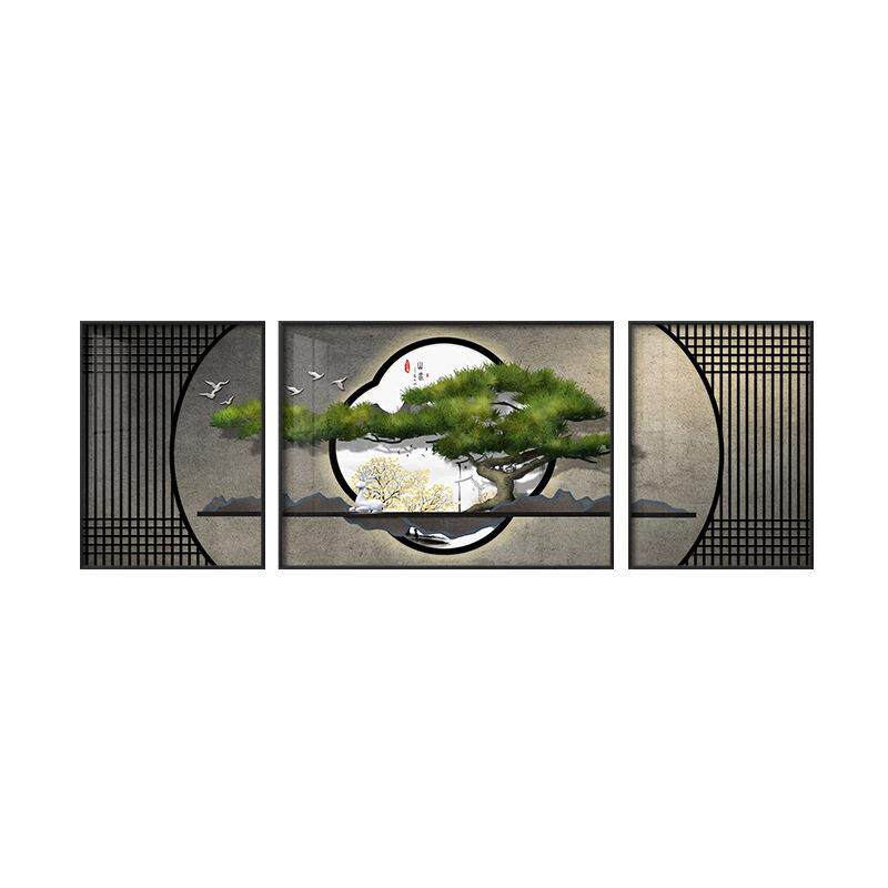 迎客松新中式客厅装饰画三联禅意茶室沙发背景墙壁画书房山水挂画