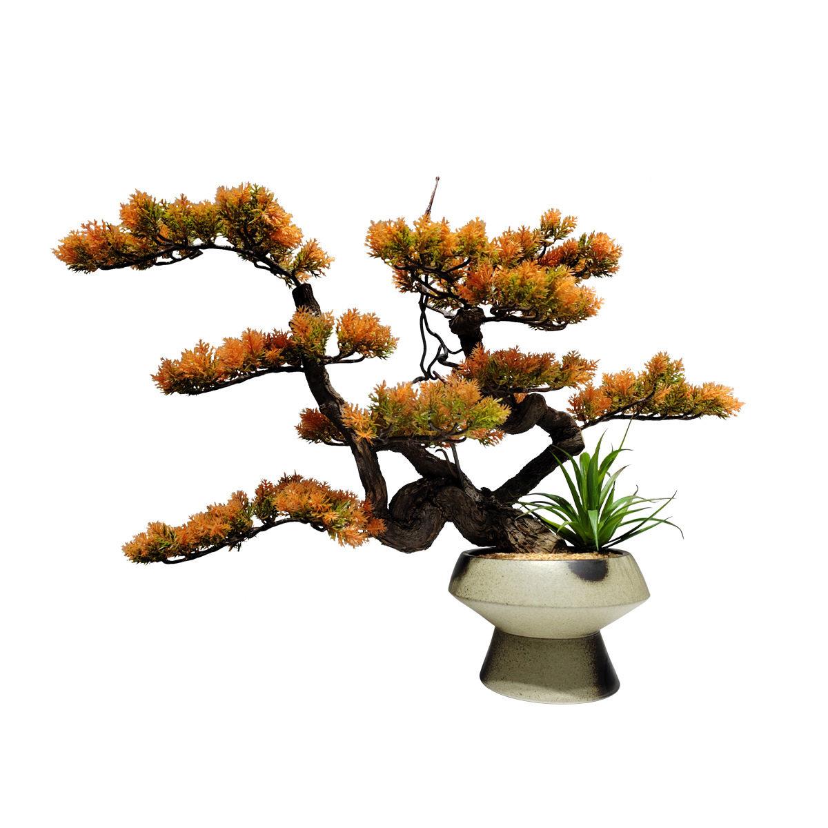 新中式复古花插花松叶套装客厅桌面陶瓷花器仿真绿植迎客松摆件