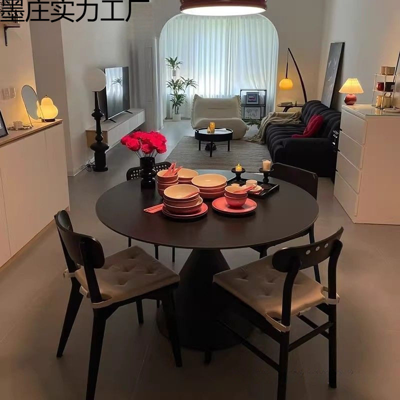 法式洽谈桌岩板圆形餐桌纯白色现代简约圆桌小户型家用饭桌椅组合