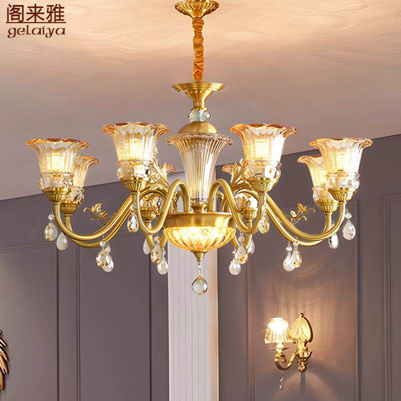 欧式现代简约客厅吊灯单层美式复古餐厅卧室子母灯复古水晶全铜灯