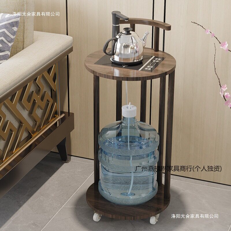 胡桃色移动茶柜烧水壶一体储茶柜架圆形泡茶台置物架茶水柜小茶车
