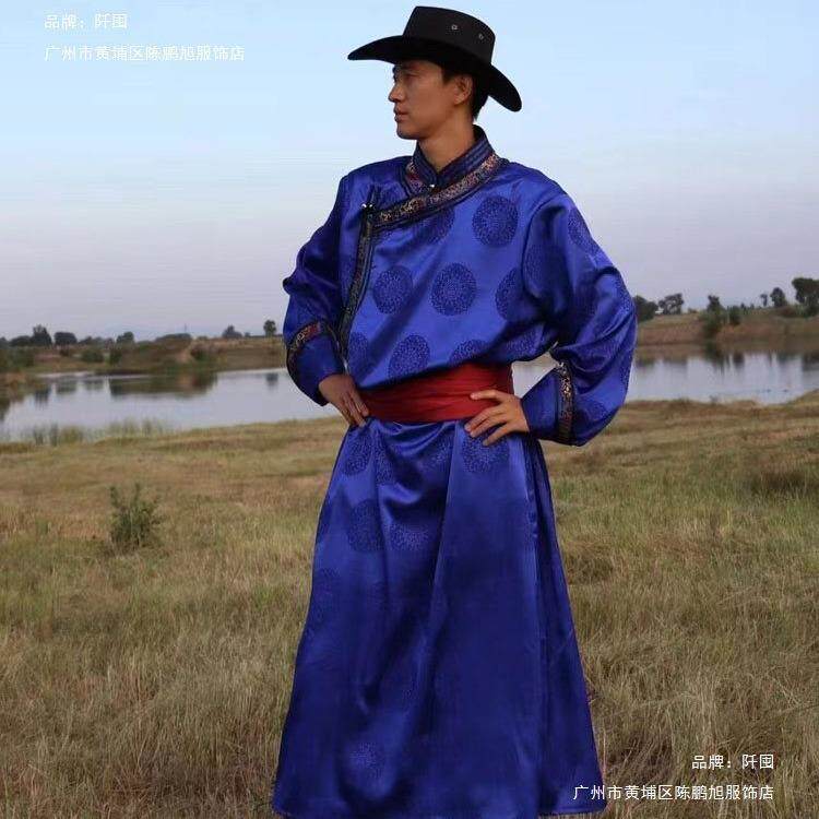 蒙古服装男黑色蒙古民族民装男士日常服装蒙古袍男款演出表演服装