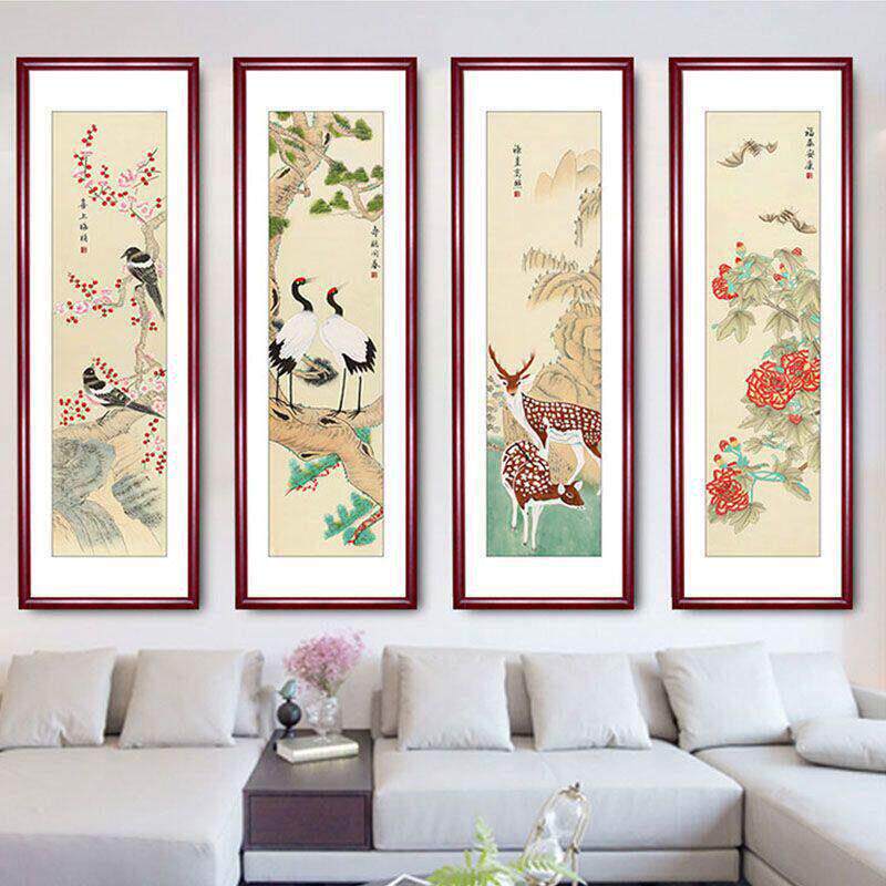 春夏秋冬挂画中国风中式四联四条屏四扇屏画客厅沙发背景墙装饰画