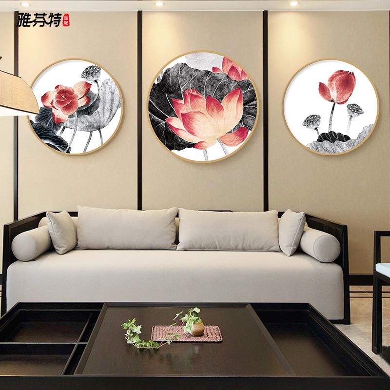 现代新中式客厅装饰画荷花挂画餐厅实木圆形框国画玄关书房壁画图片
