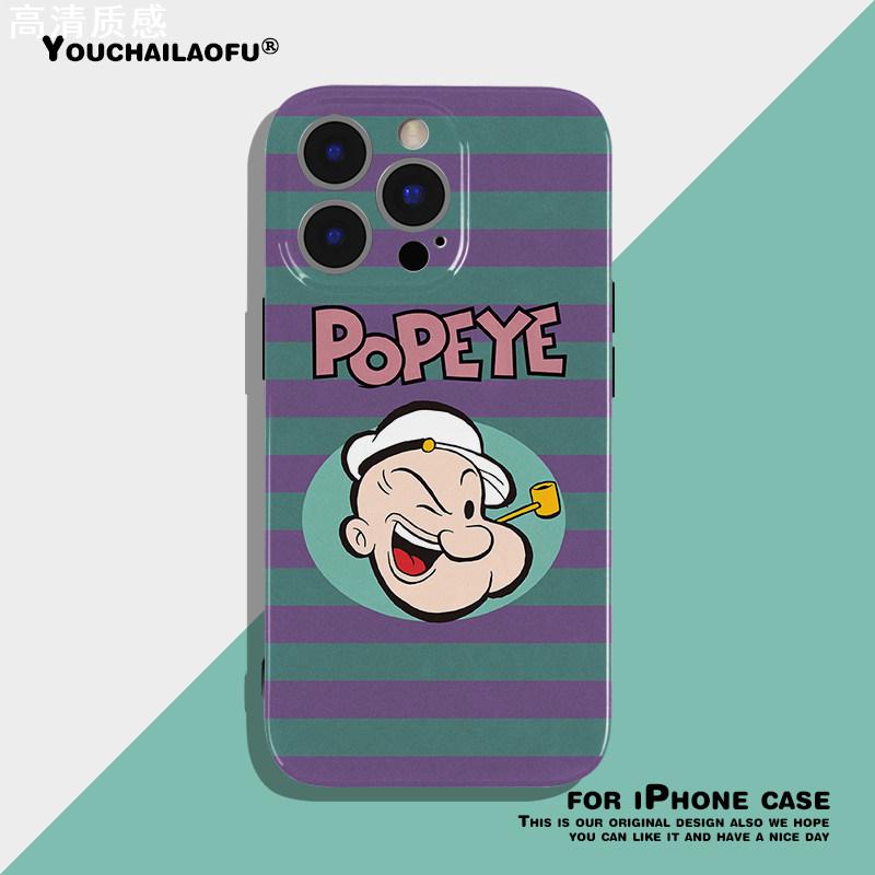 条纹大力水手卡通动画适用iphone14promax手机壳复古可爱15pro磨砂光面苹果13创意全包12软壳xr防摔ins保护壳