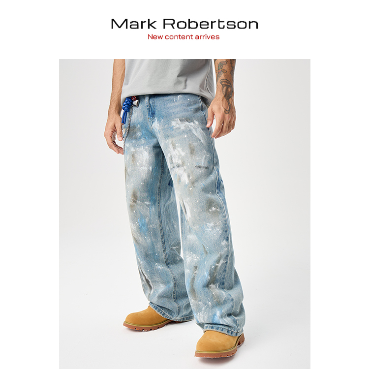 水洗泼墨牛仔裤美式复古宽松破洞