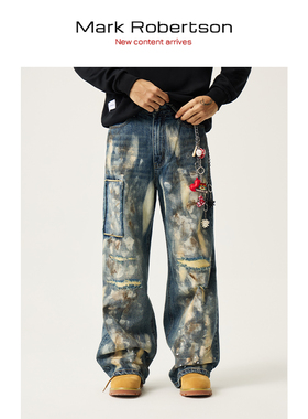 Mark Robertson25AW蓝色叙利亚风油墨重工破坏刀割补丁牛仔裤重磅