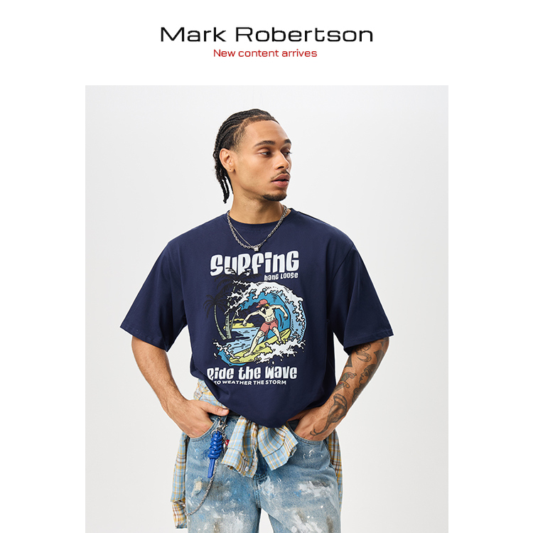 海洋主题印花冲浪T恤圆领短袖潮